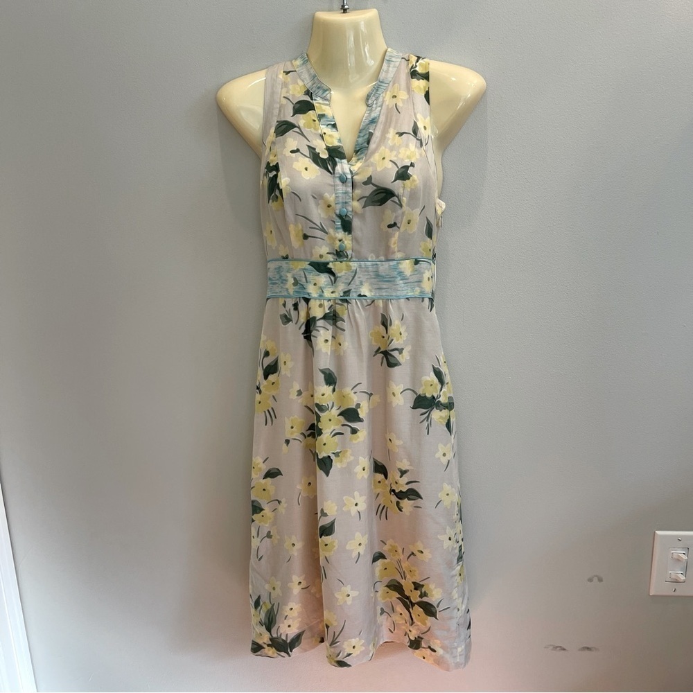 Anthropologie Maeve Dutch  Shift Dress Sz 2 Sleeveless Silk Floral Yellow Green
